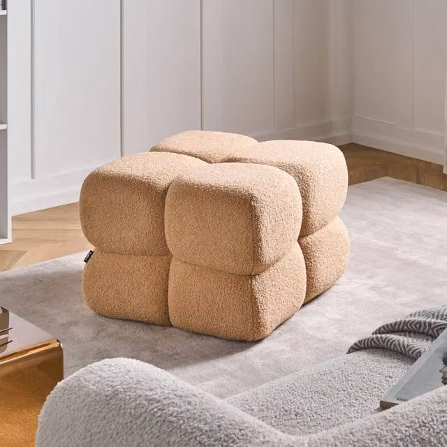 Wyld and Coco Beige Bouclé Square Pouffe Upholstered Footstool W/D/H: 60 x 60 x 44 cm – 1