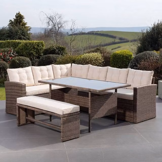 Artemis Home Piana Brown Polyrattan L-Shape Outdoor Corner Sofa Set with Coffee Table and Cushions