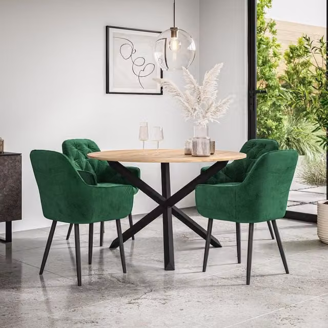 More4Homes Malvern Round Dining Table and Anika Green Velvet Chair Set, Oak Top with Black Legs, Diameter: 120 cm, Height: 75 cm