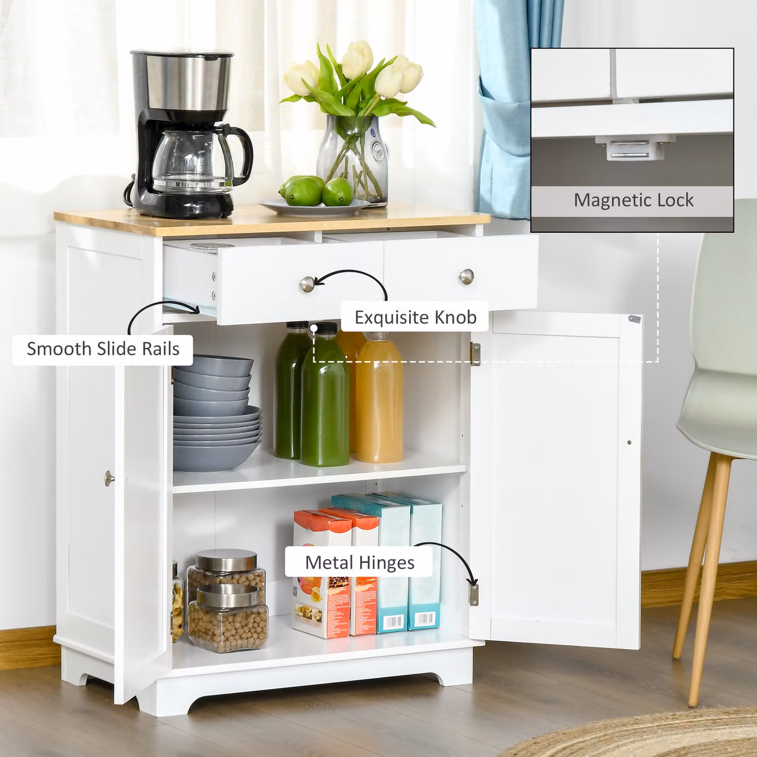 HOMCOM White Kitchen Floor Cabinet and Sideboard with Solid Rubberwood Top and Adjustable Shelf – 2