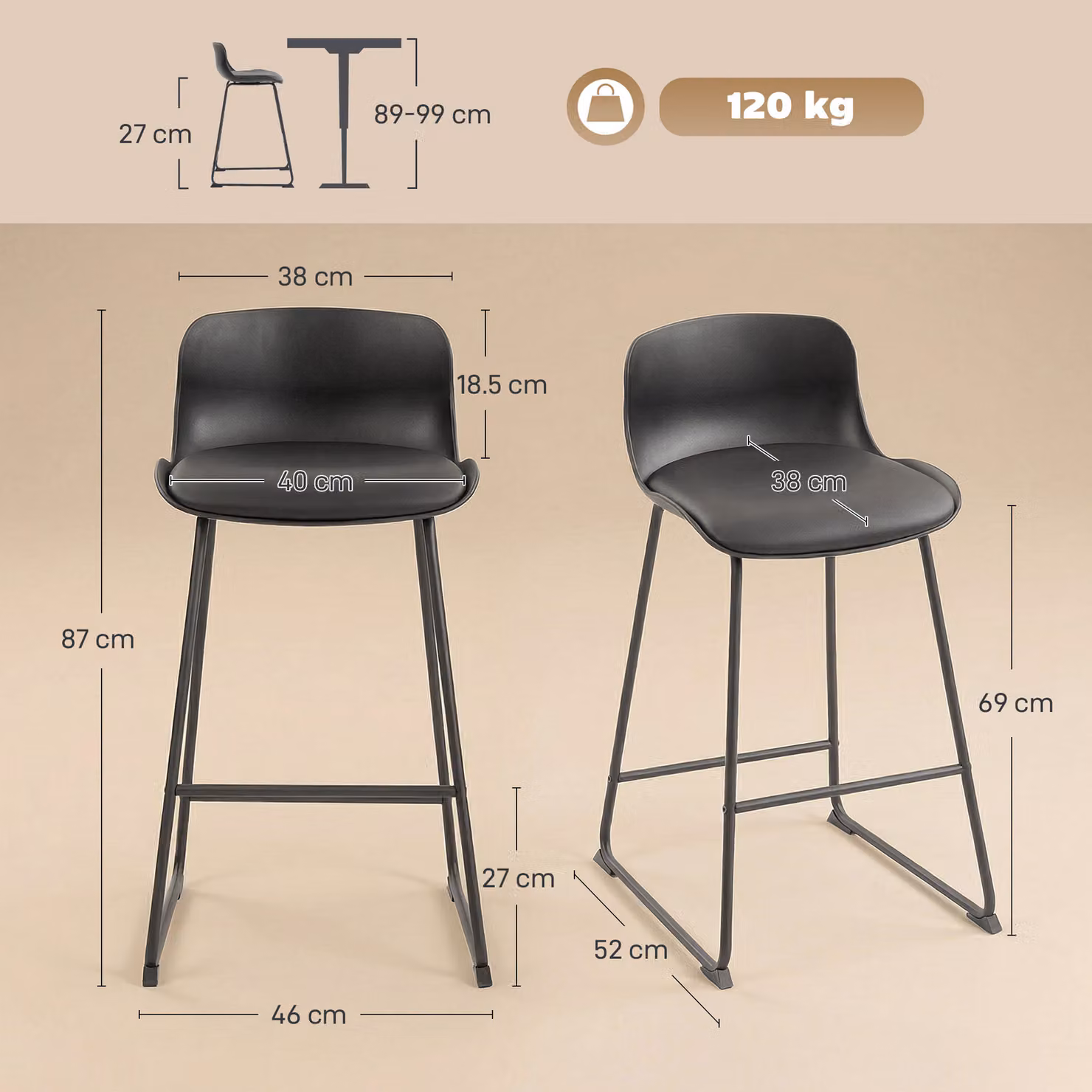 HOMCOM Set of 2 Modern Black PU Leather Bar Stools with Metal Legs – 3