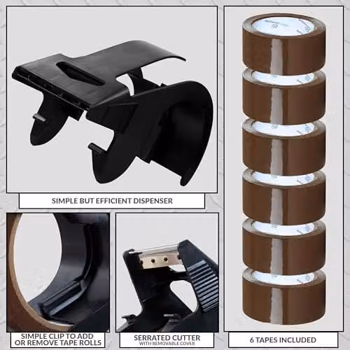 Deco Express Heavy Duty Packing Tape Dispenser with 6 Brown and Transparent Tape Rolls – 4