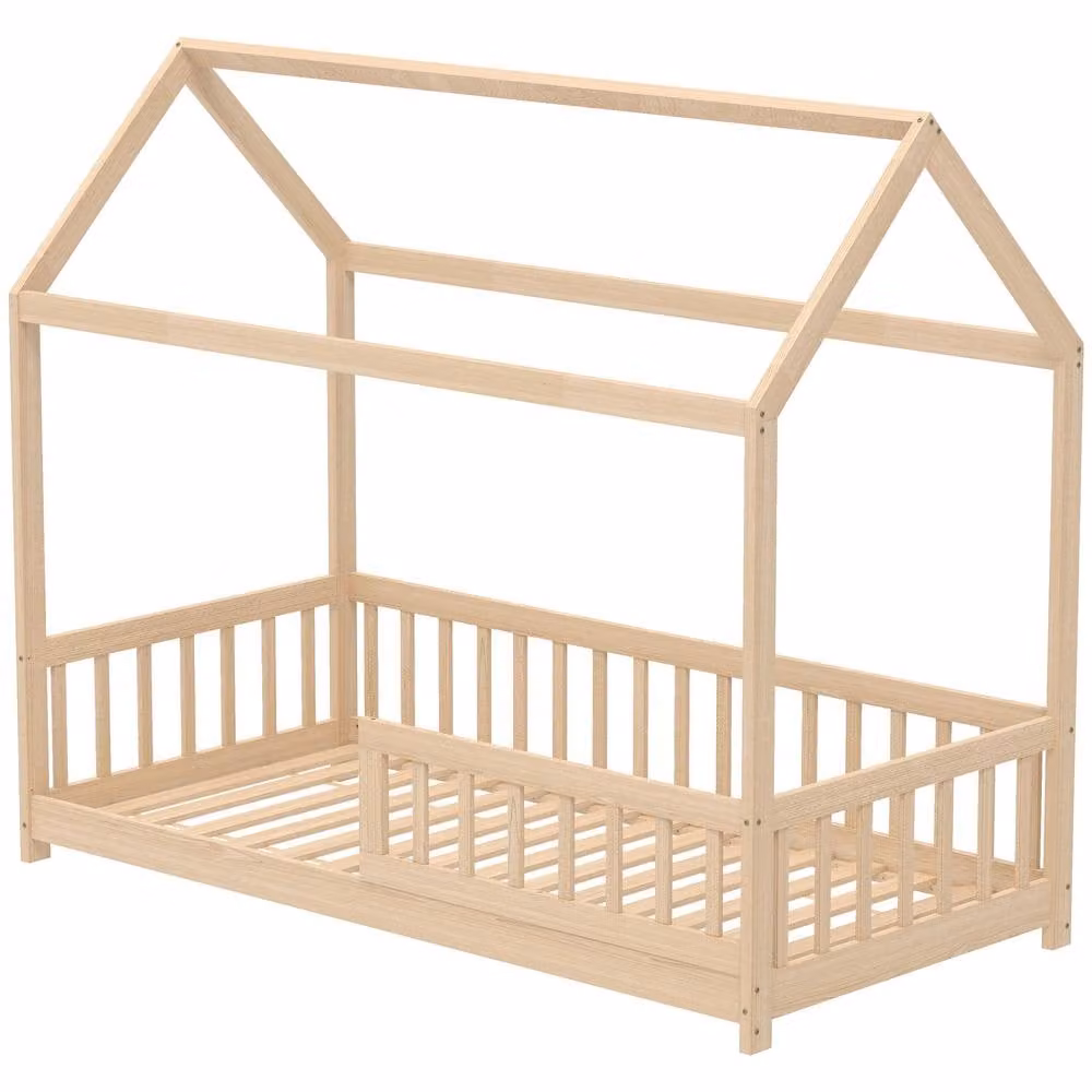 STILVORA House-Shaped Solid Pine Bed Frame with Guard Rails for Children, Natural/White/Brown, W/D/H: 90 x 190 x 165 cm – 2