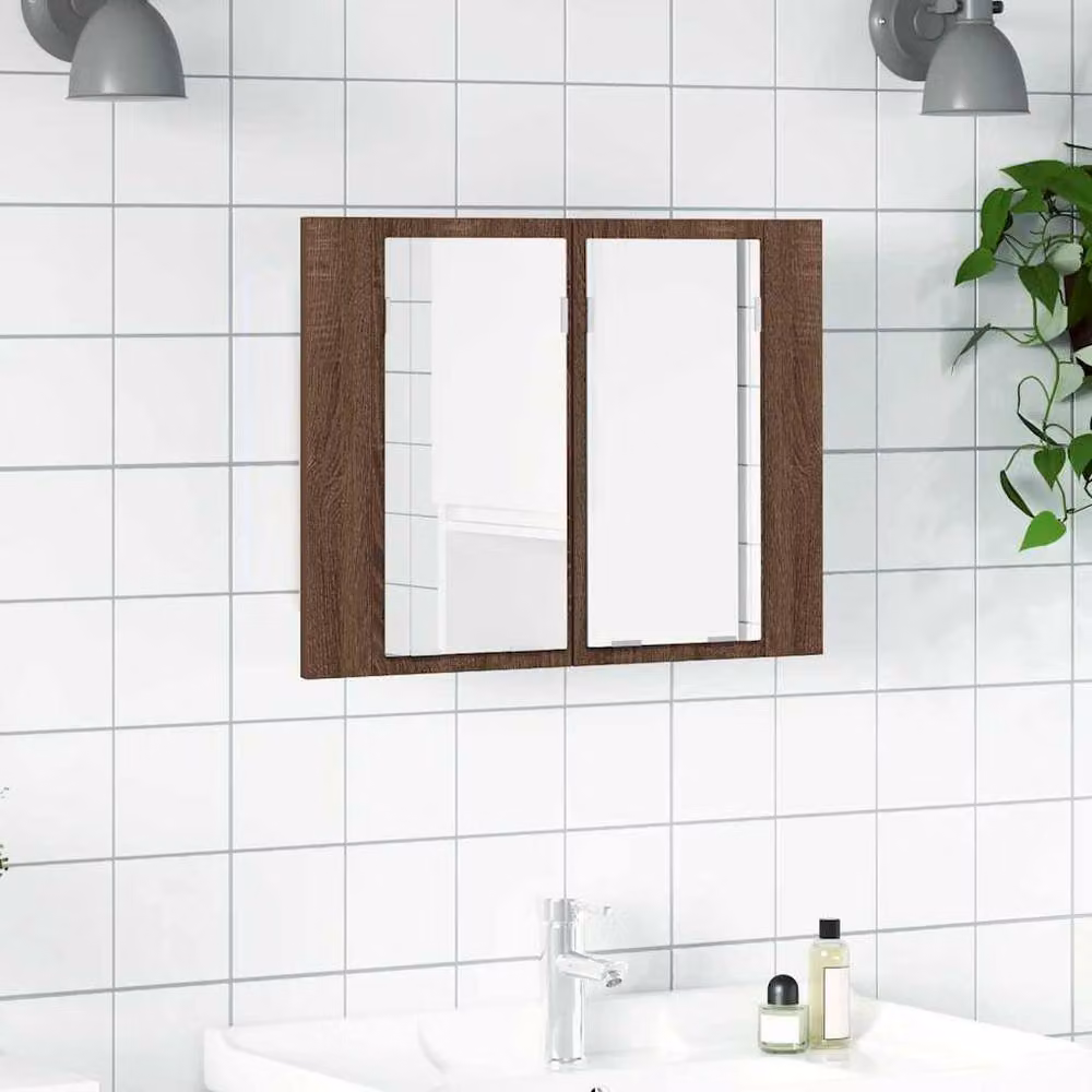 Berkfield Home LED Mirror Cabinet in Brown Oak, W: 60 cm, D: 12 cm, H: 45 cm – 2