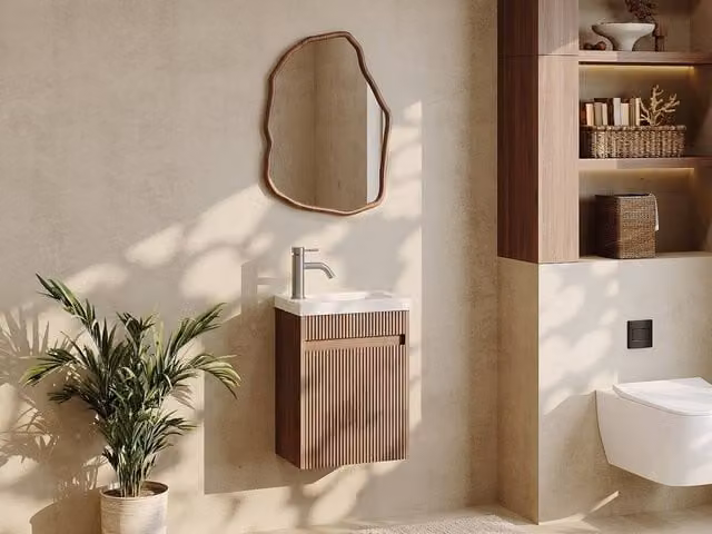 Vente-unique Ribbed Wall-Hung Cloakroom Basin Unit in Ash Wood with Matt White and Walnut Finish