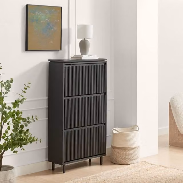FurnitureboxUK Penrose Modern Black Wood 3 Door Shoe Storage Cabinet W/D/H: 125.0 x 70.0 x 3.0 cm