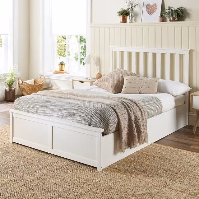 Aspire White Lacquered Solid Wood Ottoman Storage Bed with Lift Up Base, W/D/H: 140 x 200 cm