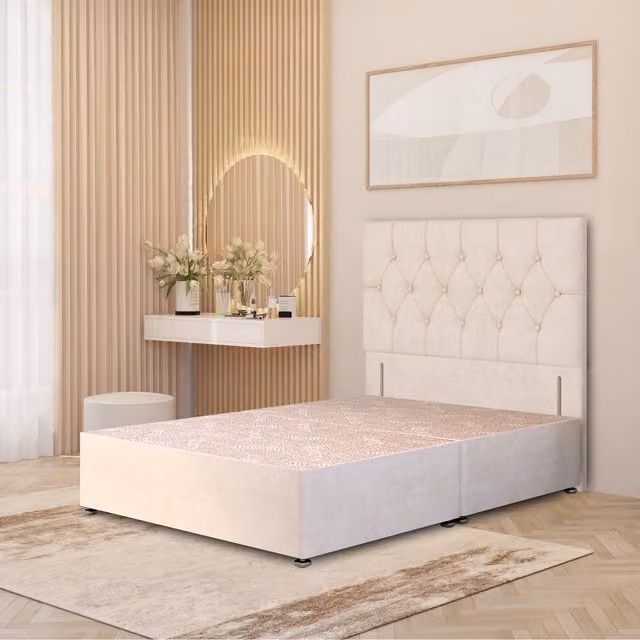 Somnior Beds Ltd Chesterfield Velvet Divan Bed Base with 54 inch Floor Standing Headboard and Drawers, Ivory, W/D/H: 200 x 200 cm