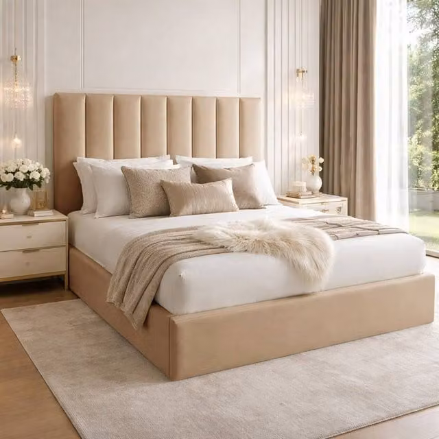 Desire Deco Single Suenna Upholstered Panel Bed Frame in Beige Plush Velvet