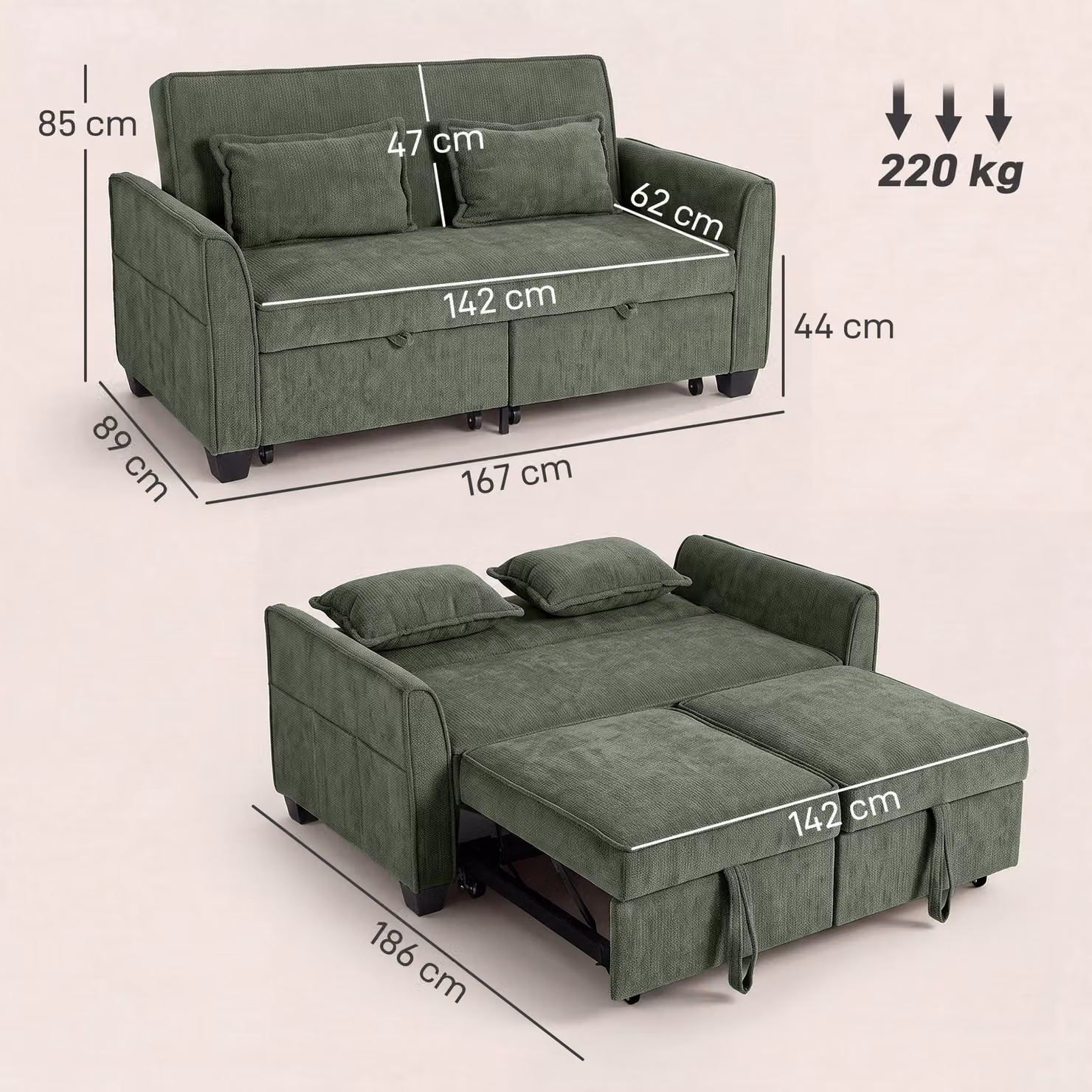 HOMCOM 2 Seater L-Shaped Convertible Sofa Bed in Dark Green with Adjustable Backrest and Side Pockets – 3