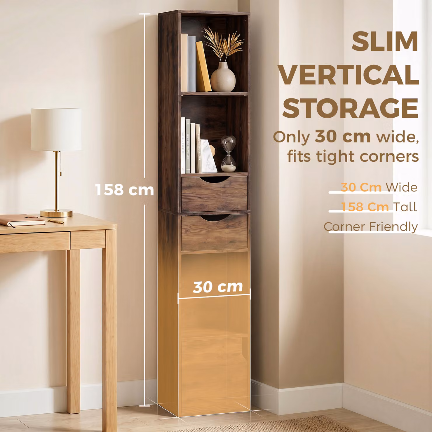 HOMCOM Rustic Brown Bookcase with 2 Drawers, Adjustable Shelves and Cabinet, Height: 158 cm – 4