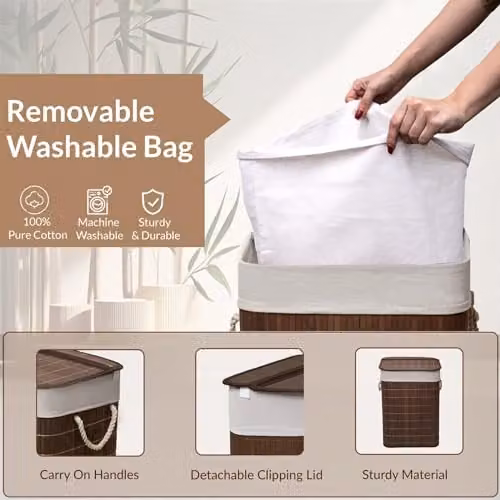 MantraRaj Bamboo Foldable Laundry Basket with Lid and Removable Liner, 65L, Dark Brown – 3
