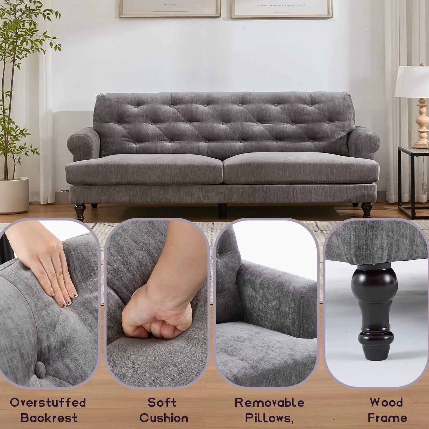 FURNITURE ONE Grey Velvet Tufted Chesterfield Sofa Set with 2-Seater and 3-Seater Sectional Couch Suite – 5