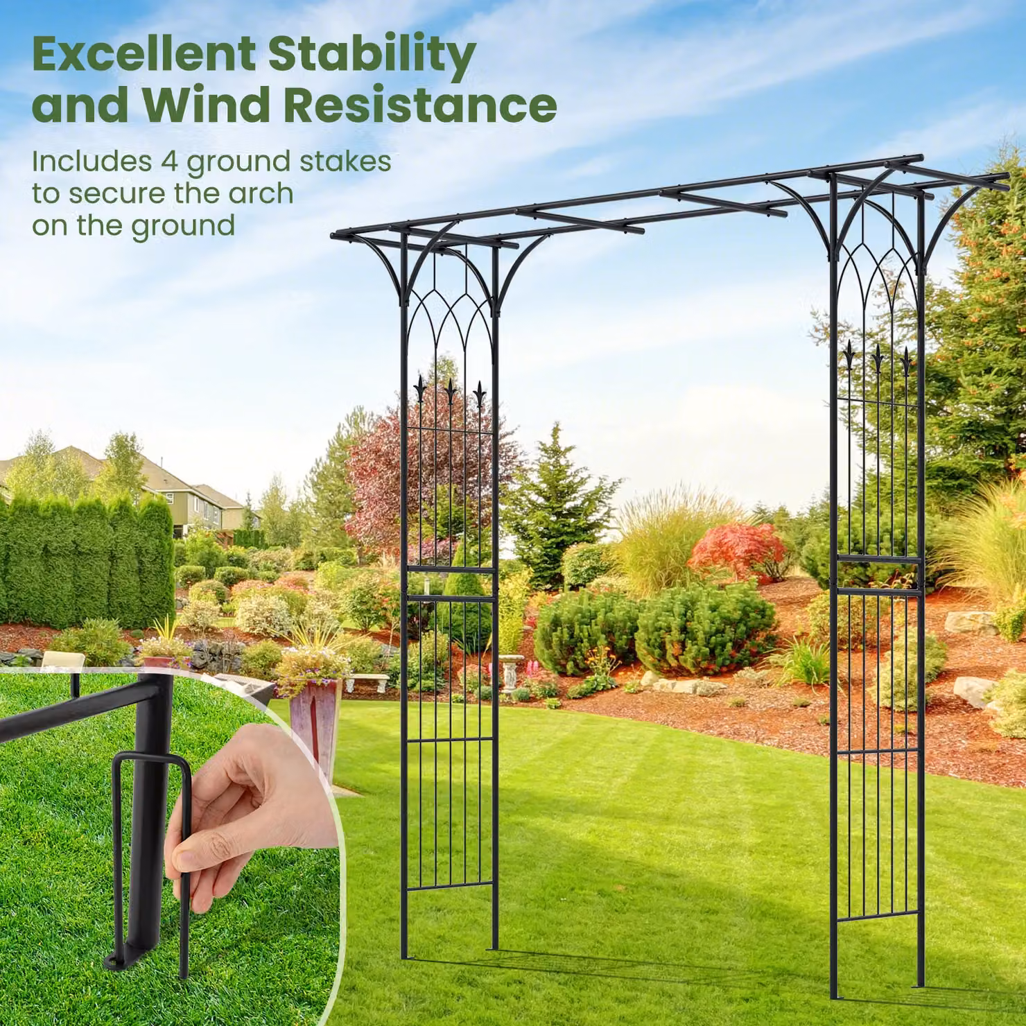 Gymax Black Metal Garden Arbor Archway for Climbing Plants, H 205 cm x W 155 cm x D 52 cm – 6