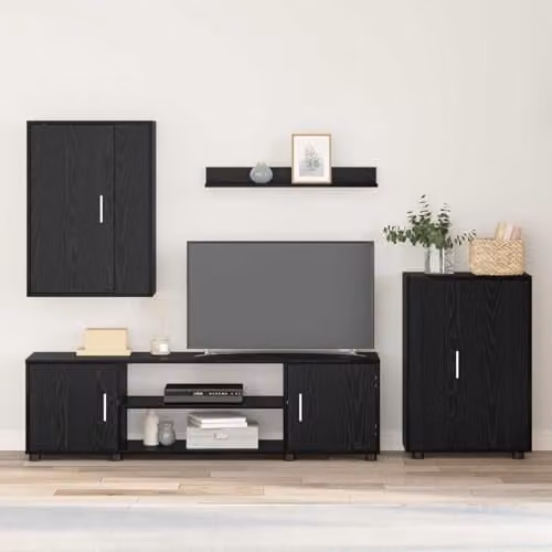vidaXL Modern TV Cabinet Set in Black Oak, featuring a Lowboard, Wall Cabinet and Open Shelf, W/D/H: 140 x 40 x 40 cm – 2