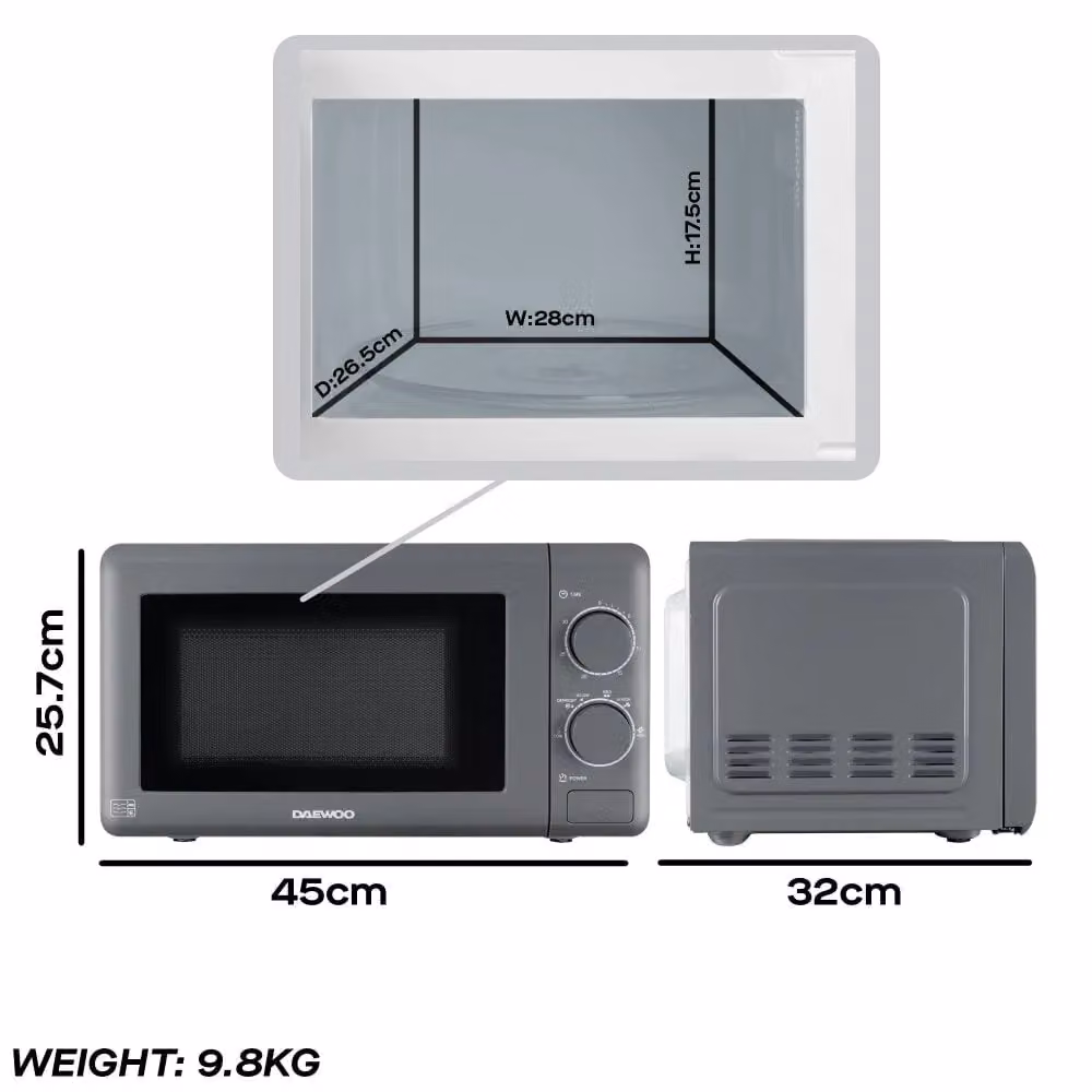 Daewoo Grey Solo Microwave with 20L Capacity, 800W Power and Timer – 2