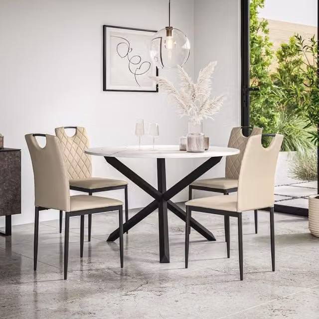 More4Homes Malvern Round Dining Table and 4 Monza Faux Leather Chairs Set, Marble Top with Black Oak Legs and Beige Chairs, Diameter: 120 cm, Height: 75 cm – 1