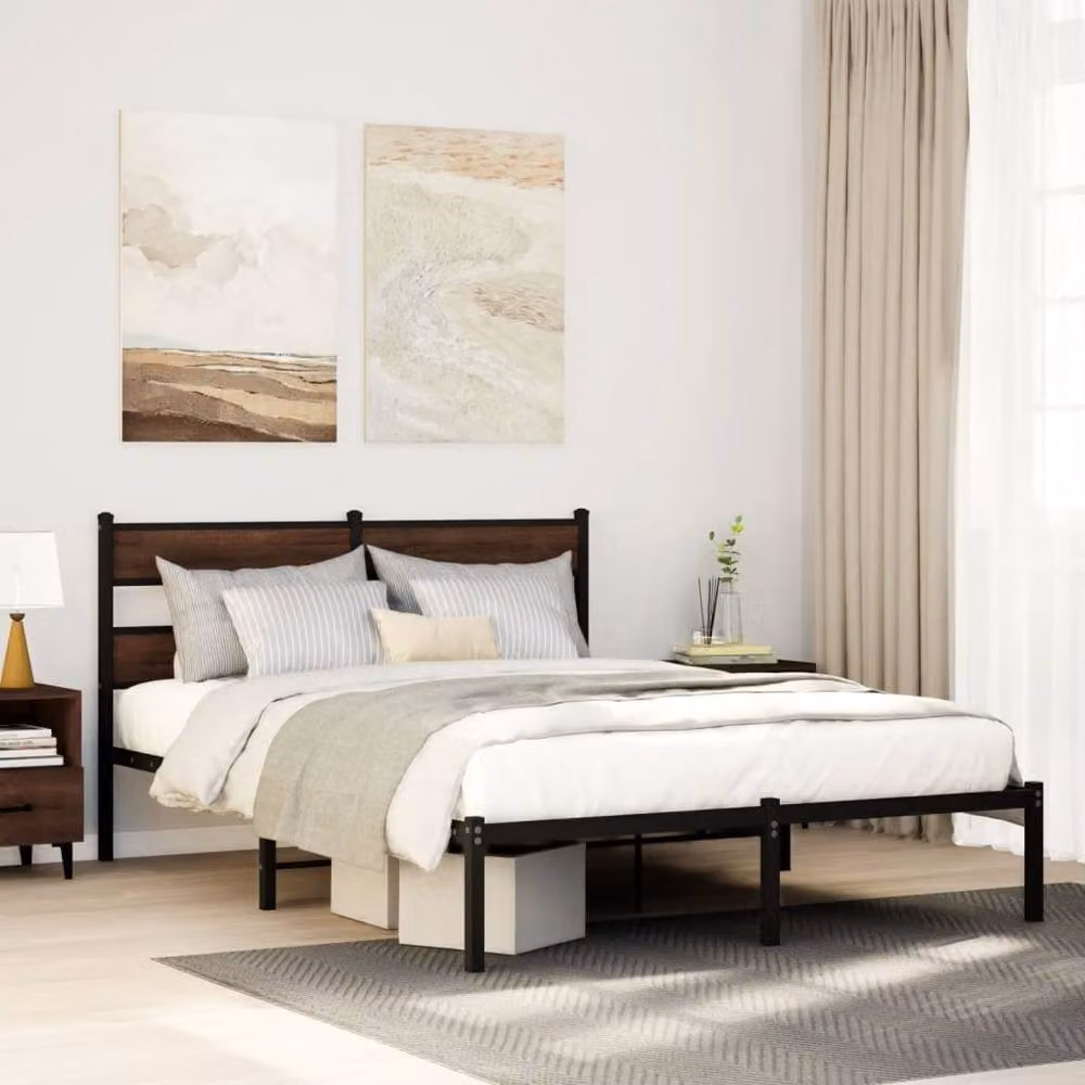 Berkfield Home Elegant Bed Frame with Headboard in Brown Oak, W/D/H: 140 x 190 x 91.5 cm – 2