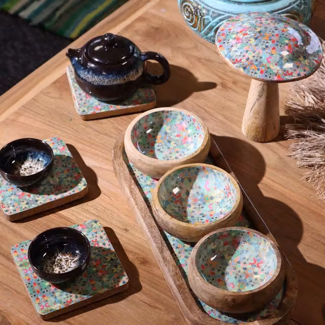 KDMK Mango Wood Tray with 3 Bowls in Green and Multicolour Mediterranean Tile Pattern