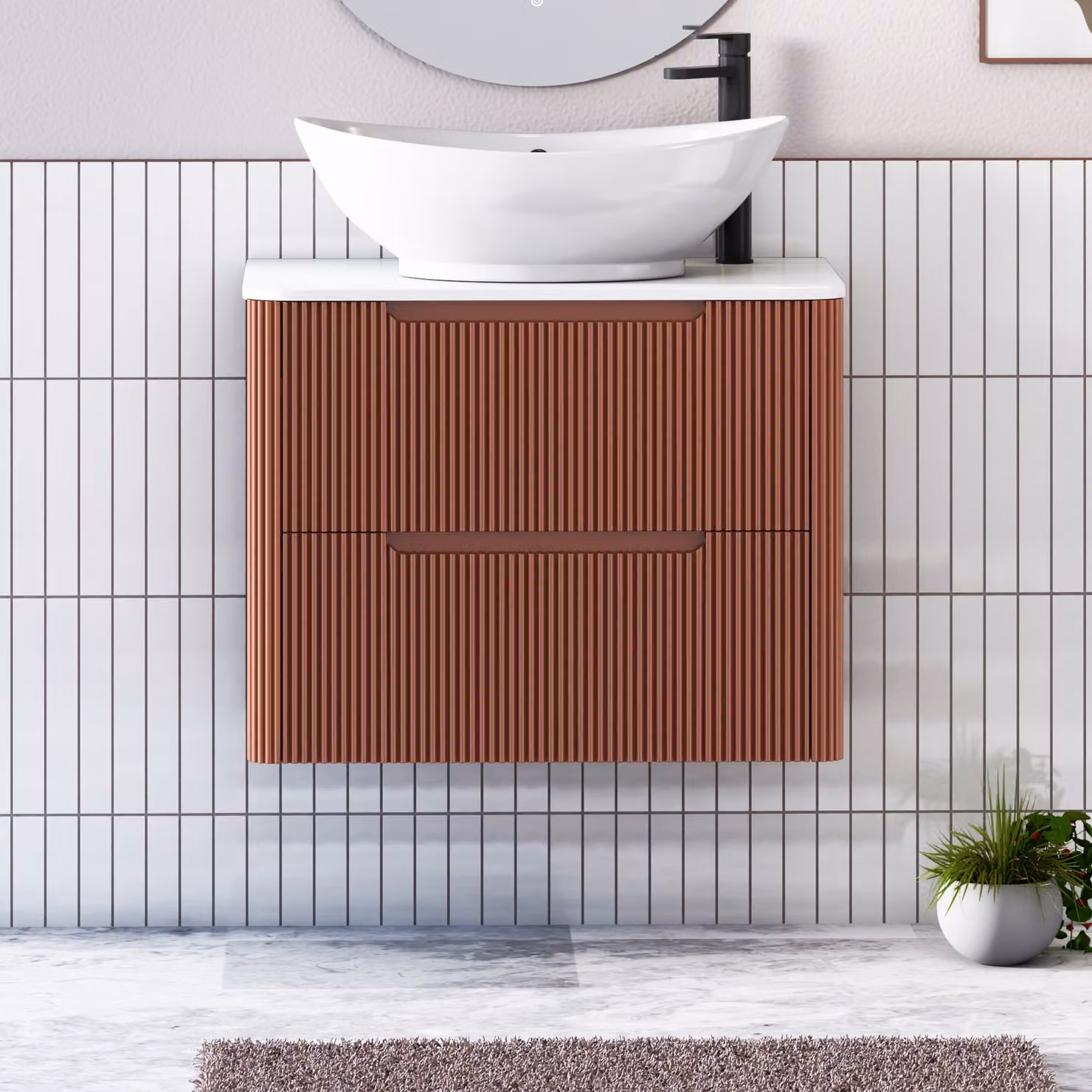 Royal Bathrooms Avenza 600mm Wall Hung Vanity Unit in Terracotta Clay with 2 Drawers and Plain White Worktop with Amaze Basin
