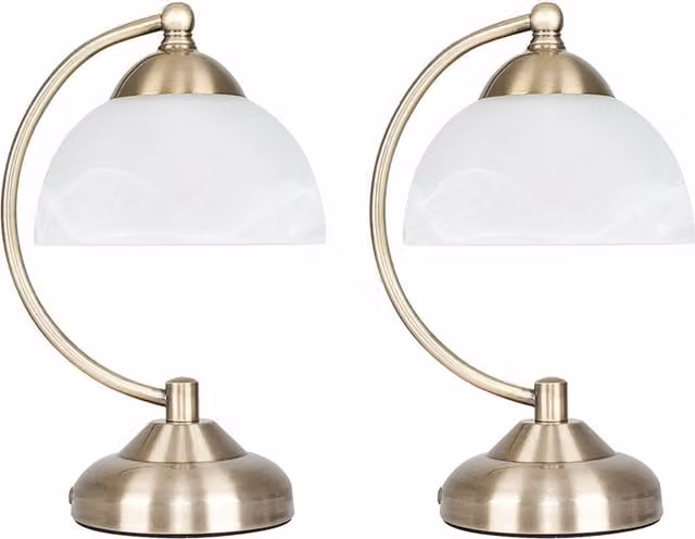 Set of 2 Stamford Curved Bedside Table Lamps in Antique Brass and White Glass