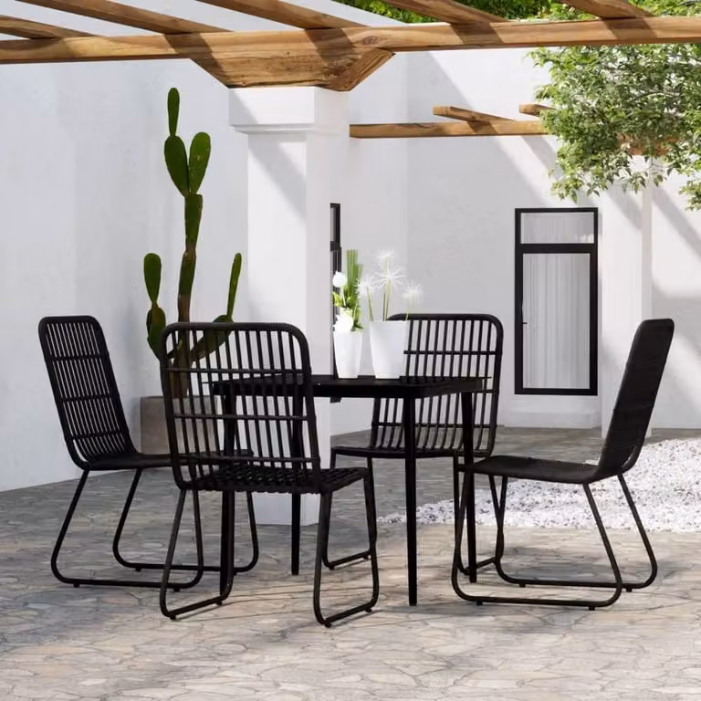 Berkfield Home 5 Piece Black Garden Dining Set with Metal, Glass and Rattan