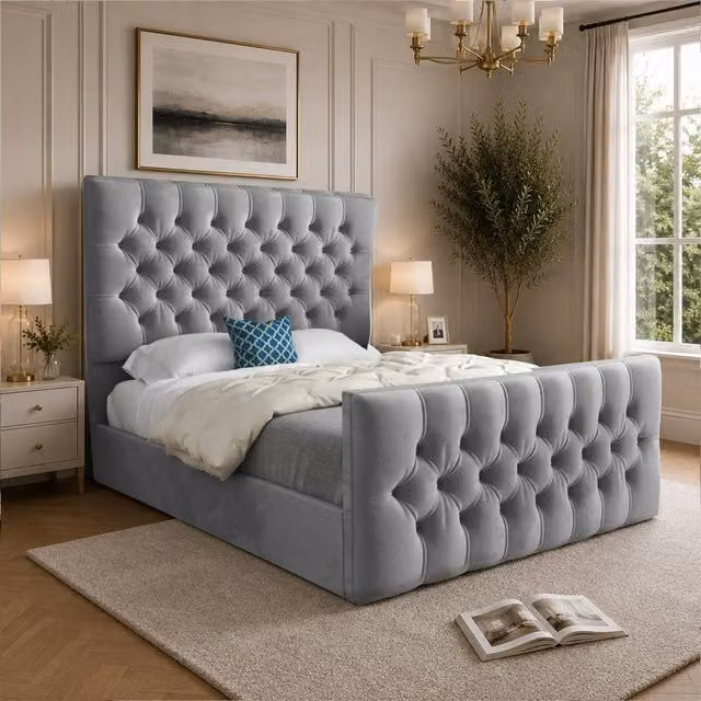 Casani Portmeirion Chesterfield Upholstered Velvet Bed Frame in Grey, W/D/H: 144 x 137 x 200 cm