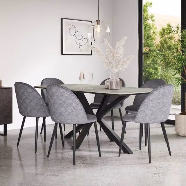 More4Homes Juno Light Grey Ceramic Dining Table and 6 Raye Velvet Chairs