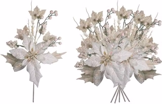 Shatchi 12 Pack Iridescent White Glitter Poinsettia and Berry Christmas Picks, Height: 46 cm – 1