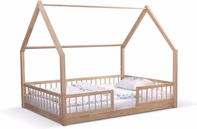 Miller And Mason Minimalist Solid Pine Wood Montessori House Bed for Children, Brown, W/D/H: 135 x 170 x 1 cm