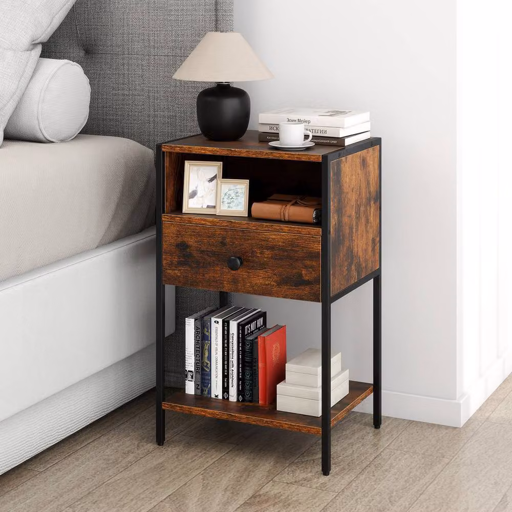 Gymax Industrial Nightstand End Table with Open Compartment Drawer and Shelf in Brown – 4