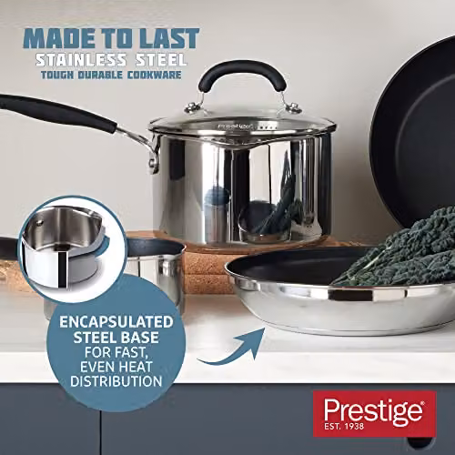 Prestige Made To Last Stainless Steel Saucepan with Straining Glass Lid and Silicone Handles, Silver, Diameter: 16 cm – 3