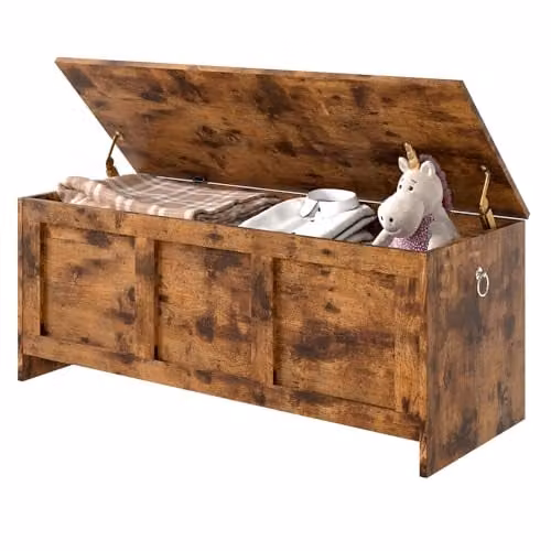 Levede Rustic Brown Wooden Storage Bench and Shoe Rack with Striped Synthetic Leather Seat, W/D/H: 100 x 40 x 41 cm – 1