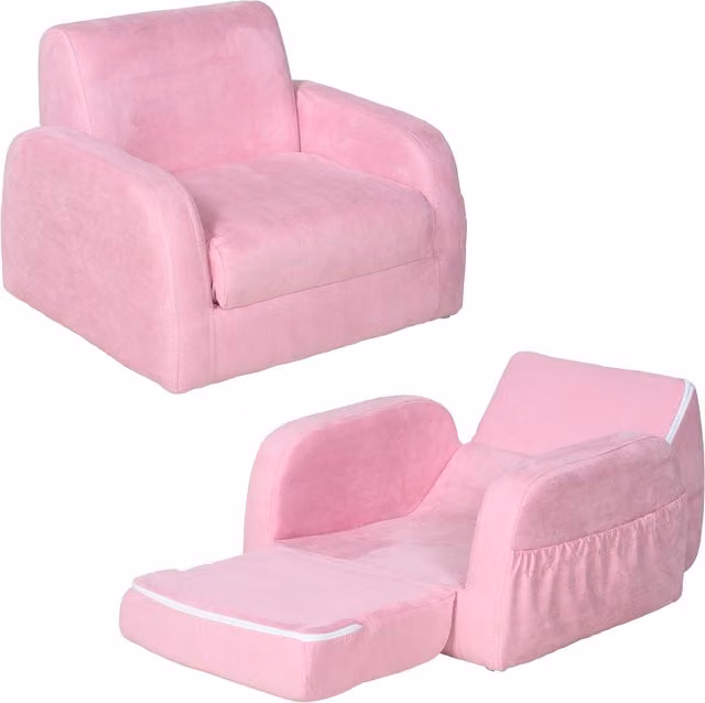 HOMCOM Kids 2 In 1 Fold Out Armchair Sofa Bed with Padded Wood Frame, Pink