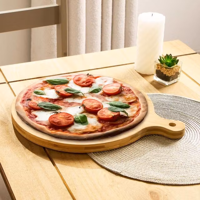 OHS Solid Brown Round Bamboo Wood Pizza Board