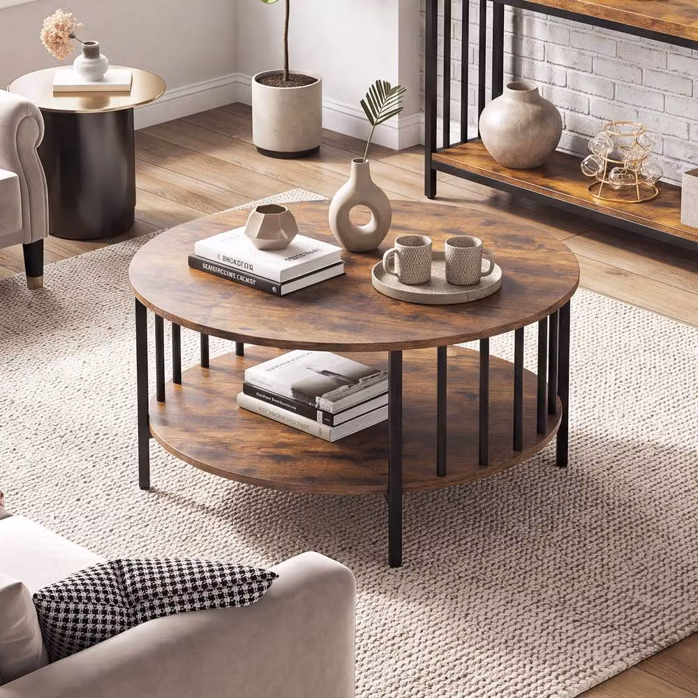 Gymax 2-Tier Round Coffee Table in Brown – 3