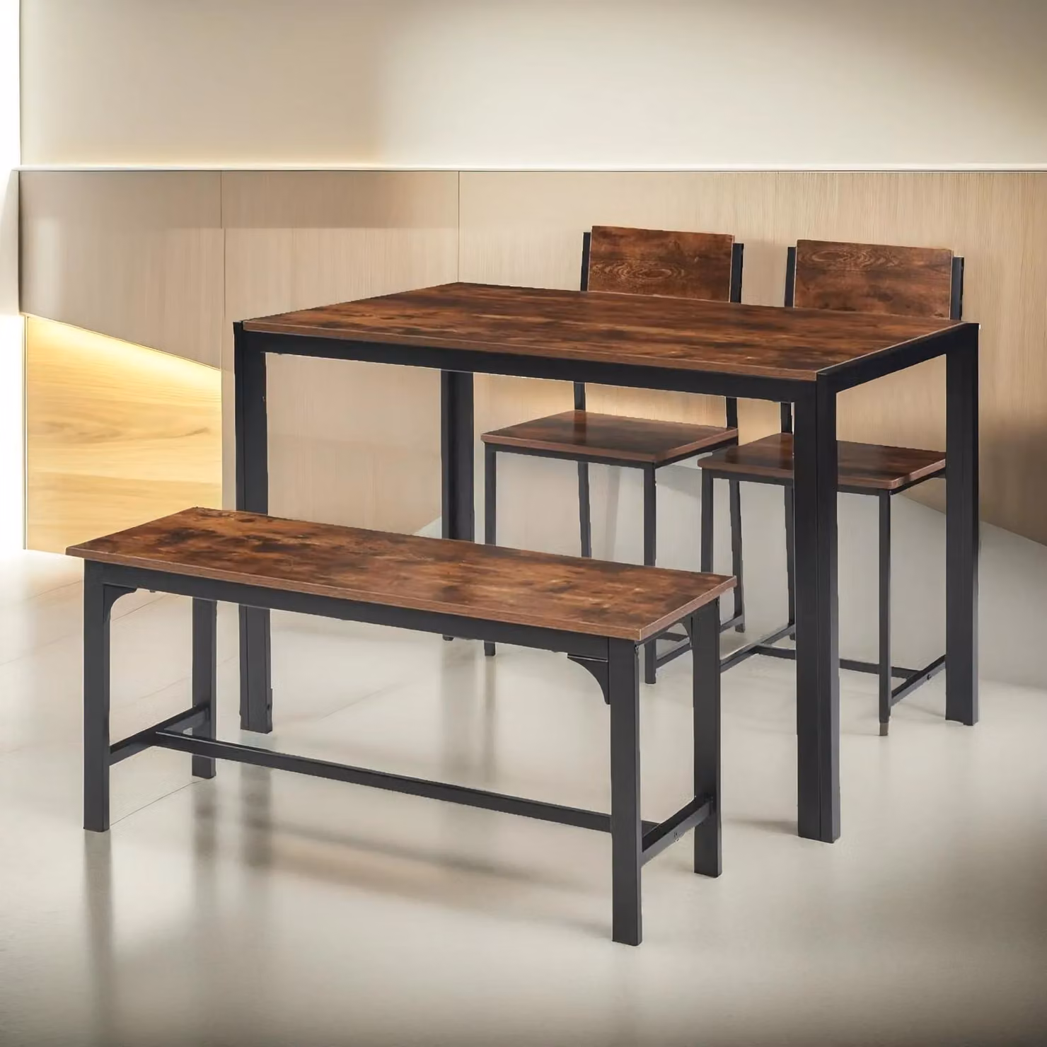 FURNOS Industrial Compact Dining Set with Rectangular Table, 1 Bench and 2 Chairs in Brown – 2