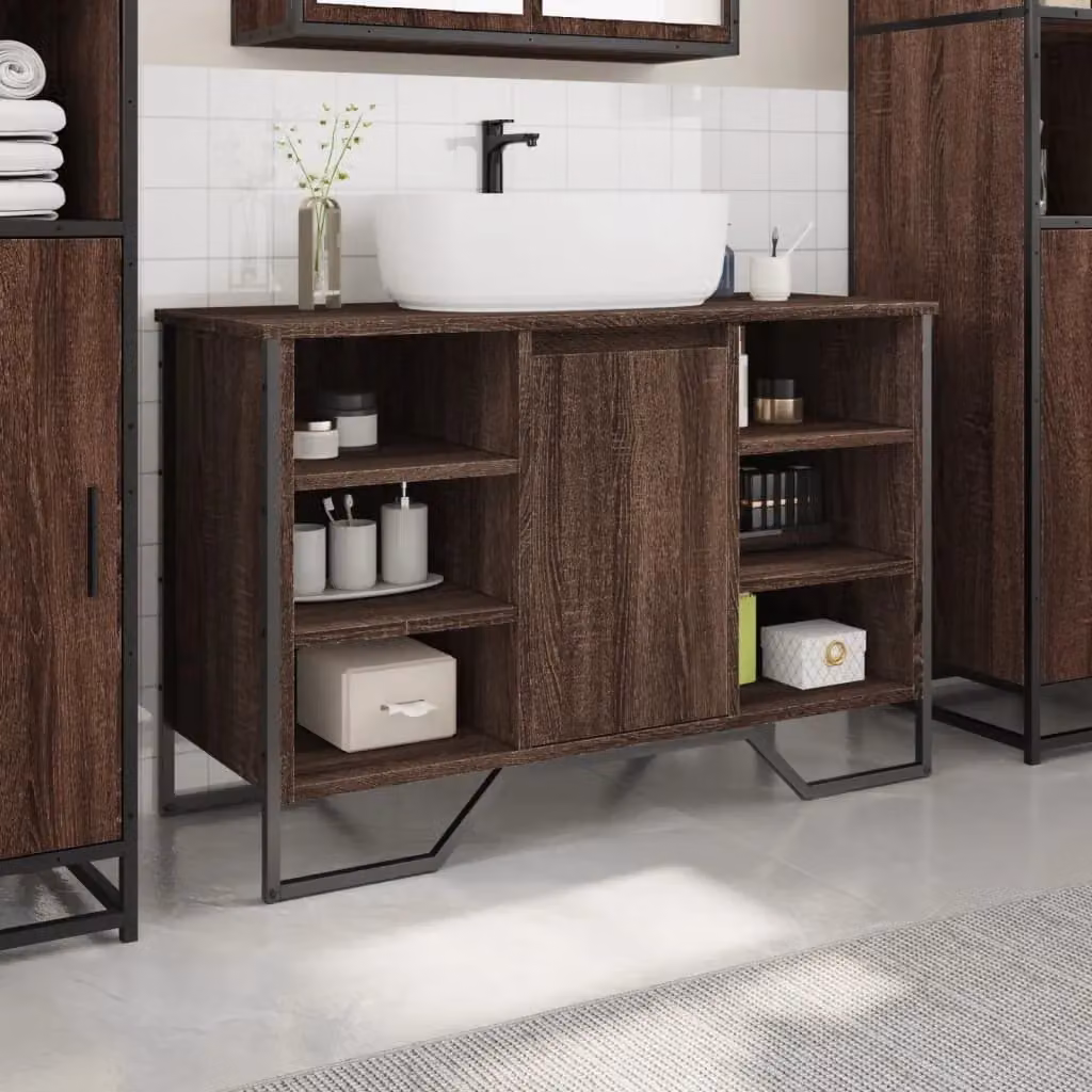 Berkfield Home Brown Oak Wall Mounted Bathroom Sink Cabinet with Hinged Doors and Internal Shelves, W: 91 cm, D: 35 cm, H: 60 cm – 2