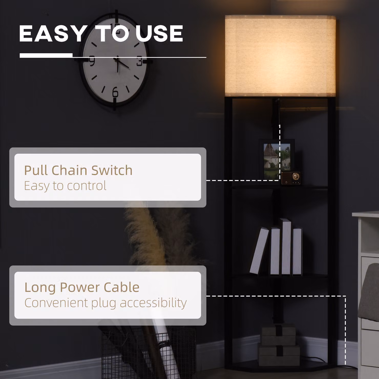 HOMCOM Modern Black Triangle Floor Lamp with Shelves and Pull Chain Switch – 6