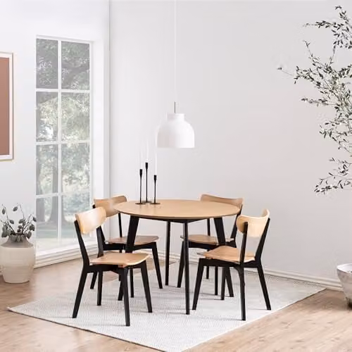 Furniture To Go Roxby Round Dining Table and 4 Dining Chairs in Oak and Black, H 76 cm, W 105 cm, D 105 cm