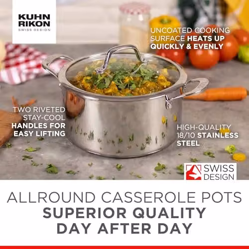 Kuhn Rikon Silver Stainless Steel Casserole Pot with Glass Lid, 3.1 l, Diameter: 20 cm – 4