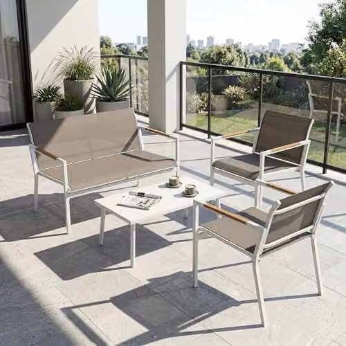 Outsunny 4 Seater Modern Garden Furniture Set with Metal Frame, 2 Seater Sofa, Armchairs and Coffee Table in Beige – 8
