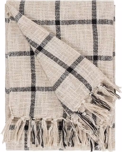 Beni Check Woven Cotton Fringed Throw in Natural and Black