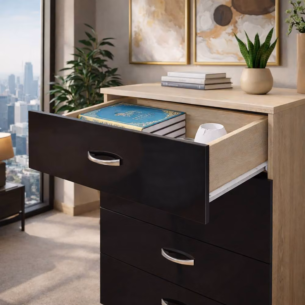 Harmin 4 Drawer Chest in High Gloss Black and Sonoma Oak, H 68.5 cm x W 60 cm x D 40 cm – 2