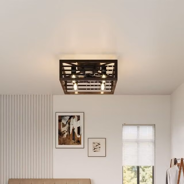 Living Star Square Vintage Ceiling Fan Light with Remote Control and Timer in Brown Wood and Black