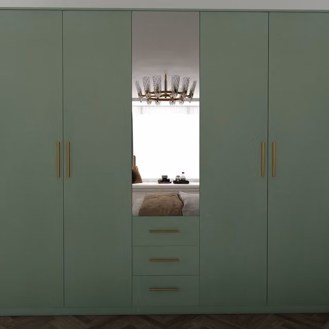 TJS Modern Green 5 Door 3 Drawer Wardrobe with Mirror and Internal Shelving