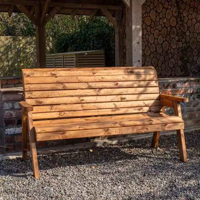 Samuel Alexander Rustic Treated Hardwood Garden Bench with Armrests in Brown, W/D/H: 169 x 98 x 74 cm