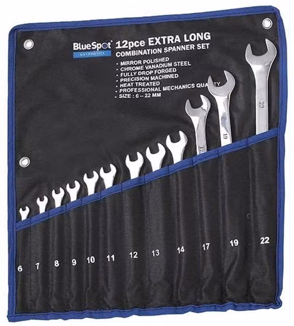 Bluespot Tools 12 Piece Chrome Vanadium Steel Combination Spanner Set in Blue and Multicolour
