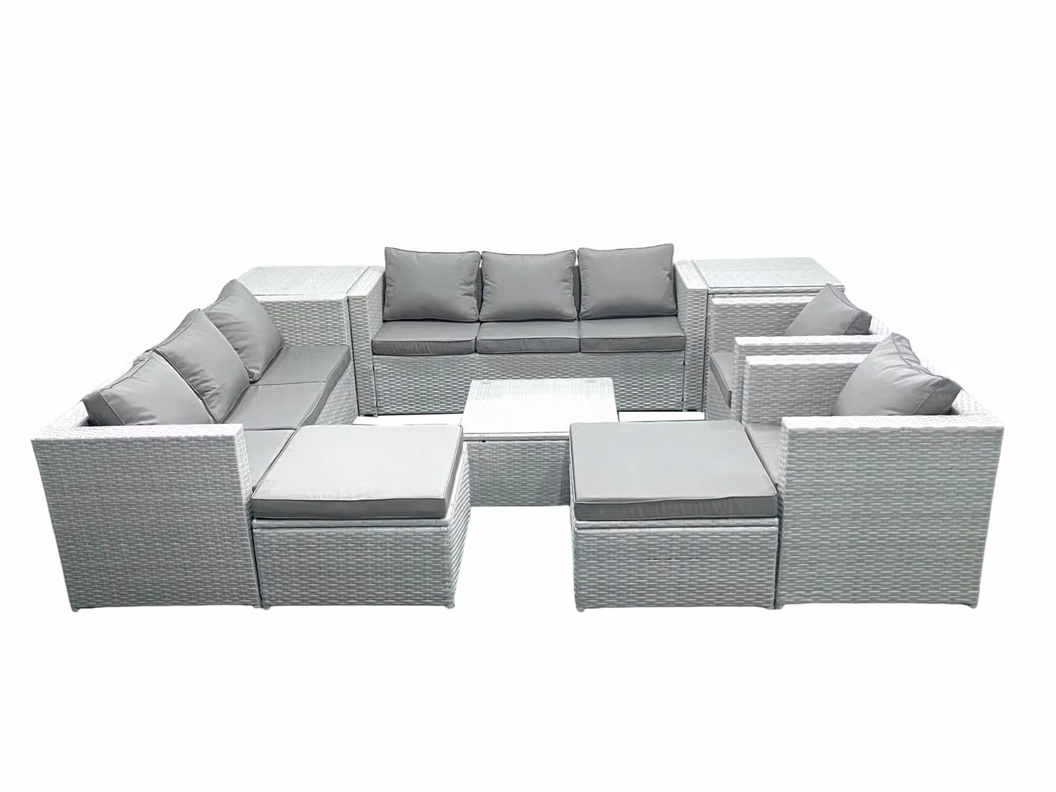 Fimous Outdoor Rattan Garden Furniture Set in Light Grey with 2 Armchairs, Square Coffee Table, 2 Footstools and 2 Side Tables – 2