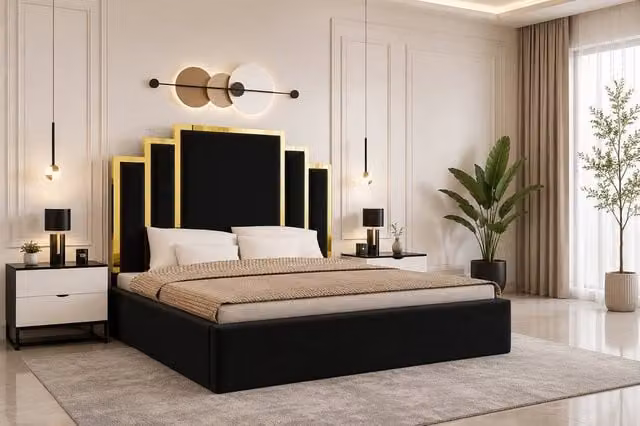 Soft Snooze Beds Luxury Black Velvet Ottoman Bed with Gold Trim and Tufted Headboard, Super King Size (200 x 200 cm) – 1
